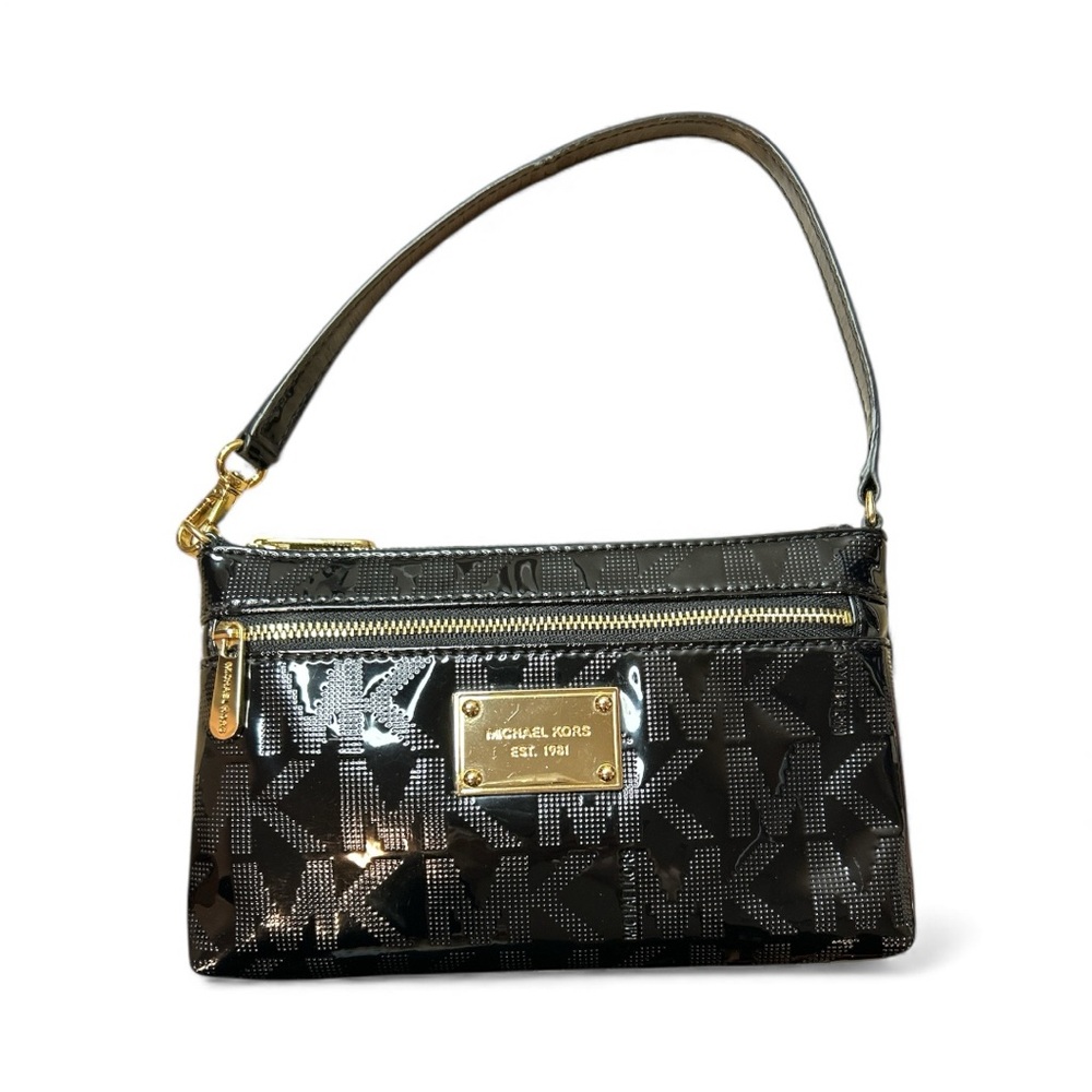 👩🏻🍳Sold👩🏻🍳Michael Kors Black and Gold Monogram sleek Wristlet Mini Bag EUC - Picture 1 of 6